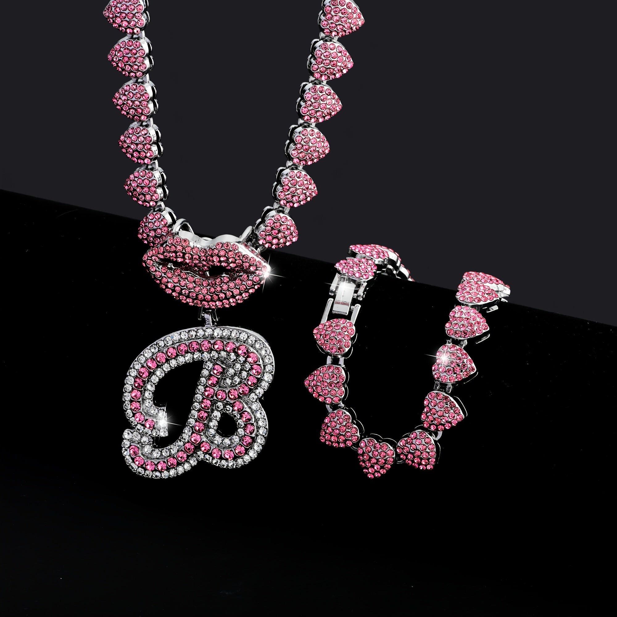 Hip Hop Y2K Style Pink Sexy Lips Pendant Necklace and Bracelet Set, A-Z Initials, Rhinestone Inlay, Zinc Alloy, Perfect for Daily Wear or Parties, Ideal Valentine's Day Gift for Men and Women, Hip Hop Jewelry